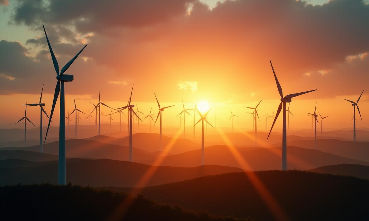 A field of wind turbines at sunrise, symbolizing clean energy.