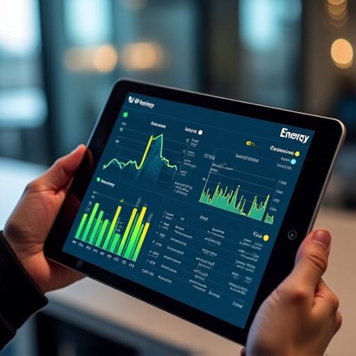 A tablet screen showing a real-time energy performance dashboard.
