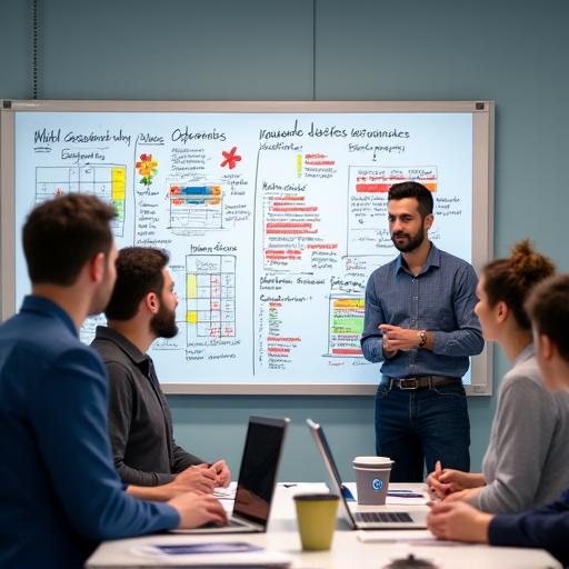 Engineers collaborating around a whiteboard with complex diagrams.