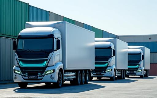 A fleet of electric cargo trucks at a logistics hub.