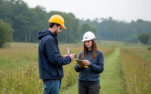 Engineers conducting an environmental survey in a field.
